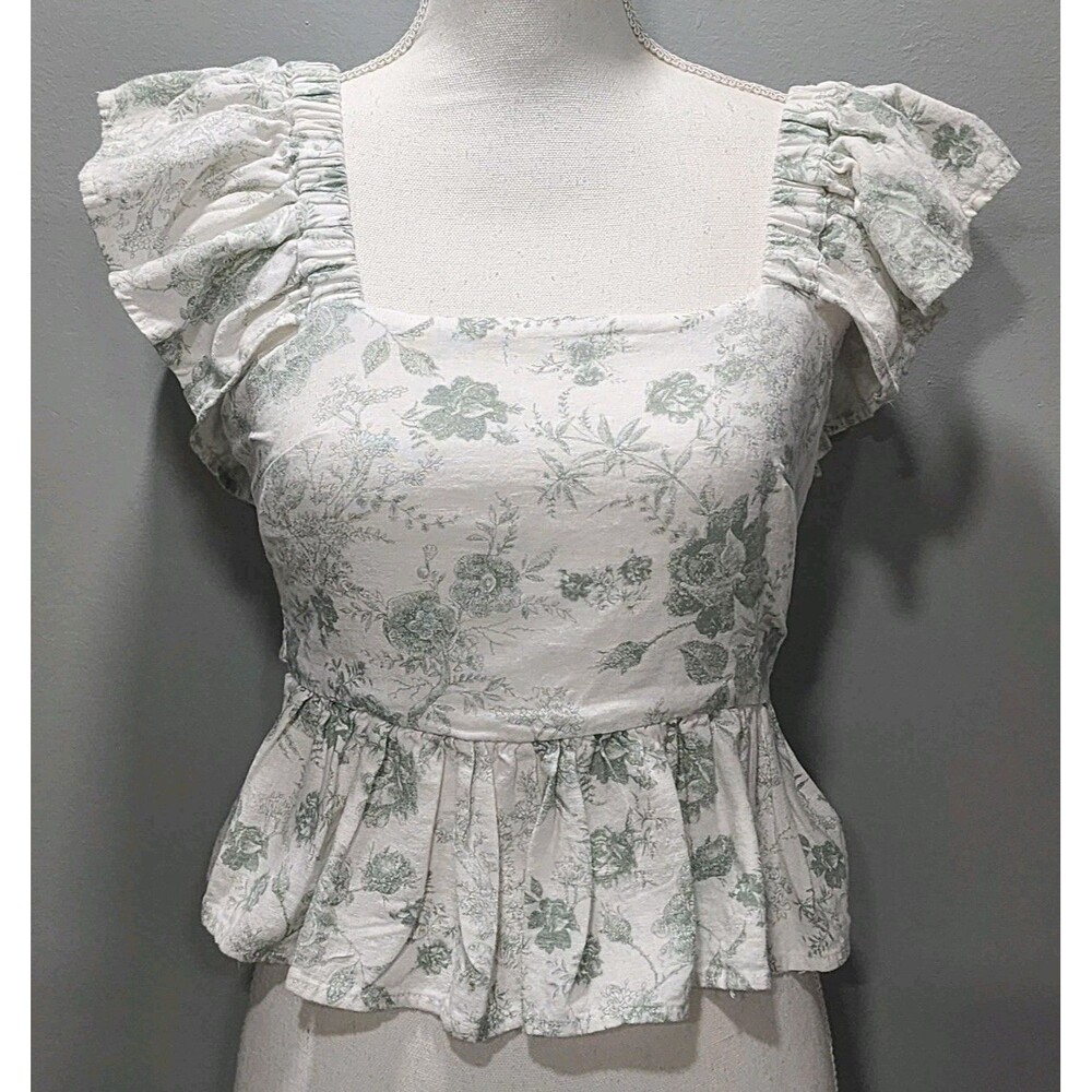 Francesca's Collections White Floral Square-Neck Ruffle Top Sizes Medium